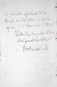 Brev med skribentens signatur, skrevet i Frankfurt på vei til Chateaubriand ny post som ministerfullmektig i Berlin, 7. januar 1821 (penn og blekk på papir) av Francois Rene Vicomte de Chateaubriand