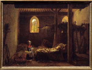 Rødhette Illustrasjon av Charles Perraults fortelling, Rødhette foran ulven forkledning som bestemor. Maleri av Francois Richard Fleury (1777-1852) 1800-tallets søn. 0,35x0,47 m . av Francois Richard Fleury