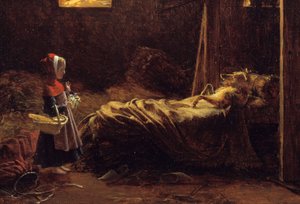 Rødhette, detalj. Illustrasjon av historien om Charles Perrault, den lille rødhetten foran ulven forkledning som bestemor. Maleri av Francois Richard Fleury (1777-1852) 1800-tallets søn. 0,35x0,47 m . av Francois Richard Fleury
