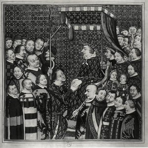 Louis II (1337-1410) greve av Clement, hyller Charles V (1338-80) kopi av en miniatyr fra 1300-tallet (akvarell på papir) (s/hvitt foto)
