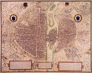 Kart over byen Paris i 1540-1555 sagt om billedvev. Gravering av Francois Roger de Gaignieres (1642-1715). paris, B.N.