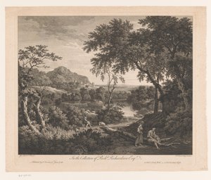 Landskap med hyrde og to figurer ved et basseng