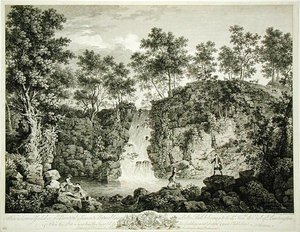 Utsikt over en kaskade ved Bolton Park, Craven, Yorkshire, publisert 1753 (gravering) av Francois Vivarez