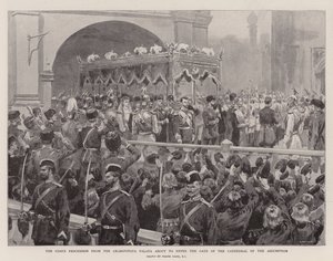 Tsarens prosesjon fra Granovitaya Palata er i ferd med å gå inn i porten til Himmelfartskatedralen (litho)