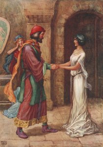 Geraldine and the Baron, fra Christabel av Samuel Taylor Coleridge (farge litho) av Frank Adams