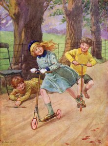 Jente og gutt racing på scootere (farge litho) av Frank Adams