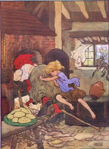 Gretel dyttet henne raskt i ovnen, fra Hansel and Gretel utgitt av Blackie & Son Limited, ca. 1940