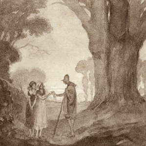 Illustrasjon for The Scholar-Gipsy av Matthew Arnold (farge litho) av Frank Adams