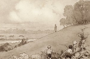 Illustrasjon for The Scholar-Gipsy av Matthew Arnold (farge litho) av Frank Adams