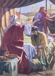 Jakob oppnår velsignelsen, fra The Bible Picture Book utgitt av Thomas Nelson, ca. 1950 (farge litho) av Frank Adams