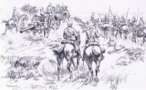 Bullers kavaleri og artilleri rykker frem mot Bergendal, illustrasjon fra After Pretoria: The Guerilla War, 1902