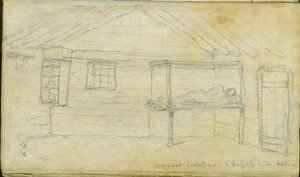 En-stolps sengebunn og bøffelskjul, 1851 av Frank Blackwell Mayer
