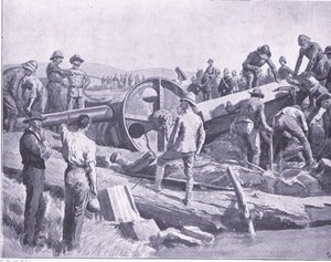 Å få en pistol over et ekkelt sted, illustrasjon fra After Pretoria: The Guerilla War, 1902 av Frank Dadd