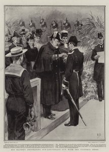 Hans Majestet dekorerer underløytnant Guy med Victoria Cross av Frank Dadd