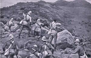 Forfølgelse av De Wets bakvakt i Takesberg, fra After Pretoria: The Guerilla War utgitt av Harmsworth Bros Limited av Frank Dadd