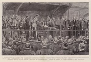 Byens hyllest til Sirdar, Lord Mayor presenterer et æressverd til Lord Kitchener i Guildhall