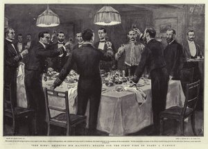 Kongen drikker Hans Majestets helse for første gang om bord på et krigsskip av Frank Dadd