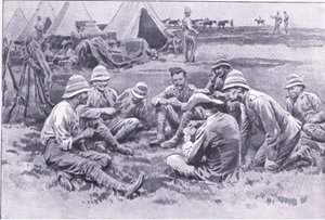 Trøtte soldater nyter hvile, fra After Pretoria: The Guerilla War utgitt av Harmsworth Bros Limited, 1901 av Frank Dadd
