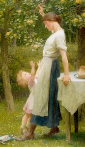 «Utenfor rekkevidde eller Evas døtre» En liten jente prøver å fange et eple på en gren. Akvarell av Frank Dicksee (1853–1928) 1925 Privat samling av Frank Dicksee