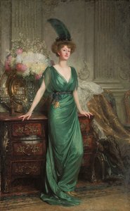 Portrett av Hon. Mrs. Ernest Guinness, stående, iført en smaragdskjole og fjær, 1912 av Frank Dicksee