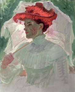 Kvinne med rød hatt og parasoll av Frank Duveneck