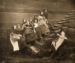 Kvinner som venter på dagenes fangst, Whitby Harbour, North Yorkshire, ca. 1899
