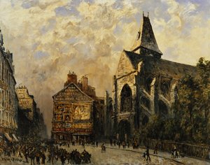 Gatescene bak Saint Medard-kirken, Paris; Gatebilde foran kirken Saint-Medard, Paris,
