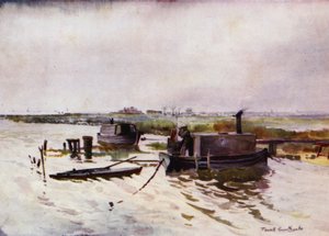 Norfolk Broads: Punt-Gunners' Houseboats på Breydon (farge litho) av Frank Southgate