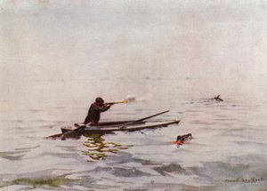 Norfolk Broads: Punt-Gunning på Breydon (farge litho) av Frank Southgate