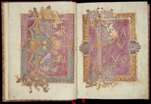 Ms McClean 30, ff.2v-3r: Innledende sider innrammet med Acanthus-blader, fra Reichenau Epistolary, sent på 1000-tallet (gullblekk og tempera på pergament)