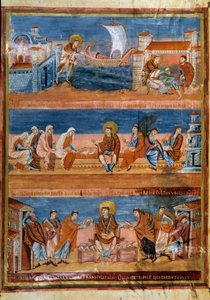Den hellige Hieronymus forlater Roma og betaler læreren sin i Jerusalem (øverst), jobber med de skriftlærde (i midten) og distribuerer Vulgata (nederst). Miniatyr i "" First Bible of Charles the Bald, også kjent som Bibelen til Vivien"" (Folio 3v), 845-846 av Frankish School
