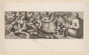Putto med et brennende hjerte og gjennomboret av noen vannymfer Mytologiske figurer ved vannet (serietittel) av François Bignon