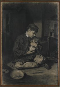 Sittende gutt som holder en katt (recto); Studie av kattunger og en tallerken melk (verso), ca. 1874-80 (svart kritt forsterket med hvitt kritt på off-white lagt papir) av François Bonvin