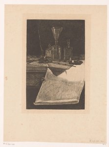 Stilleven met etsinstrumenten Seks etsninger, tegnet og gravert av F. Bonvin, Maler (serietittel) av François Bonvin