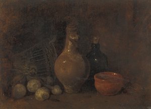 Stilleben med fire frukter, glass og keramikk av François Bonvin