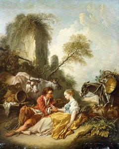 Et pastoralt landskap med en hyrde og gjeterinne ved ruiner, av François Boucher