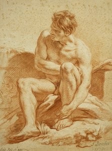 En sittende naken med en stav, et relieff med Putti til venstre, 1738