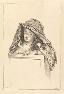Bysteportrett av en kvinne iført en hettemantel, 1700-tallet. av François Boucher