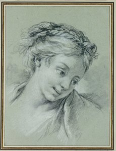 Hodet til en jente som ser ned til høyre av François Boucher