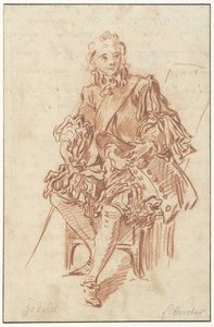 Jodelet sitter på en stol Design for illustrasjonen av Les Précieuses Ridicules