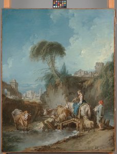 Landskap med fjerne bygninger og en gjeter av François Boucher