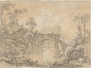Landskap med en rustikk bro av François Boucher