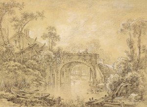 Landskap med en rustikk bro, ca. 1740 (svart kritt forhøyet med hvitt på kremfarget papir) av François Boucher