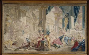 Beauvais-fabrikken - Psyche ledet av Zephyr inn i kjærlighetspalasset, og Psyche viste frem rikdommene sine til søstrene sine, etter 1741 av François Boucher
