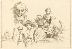 Figurstudier inkludert skjeggete ansikt til en gammel mann av François Boucher after Abraham Bloemaert