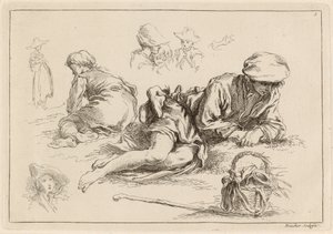 Figurstudier inkludert Reclining Boy av François Boucher after Abraham Bloemaert
