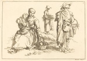 Sittende mor og barn, to stående bønder av François Boucher after Abraham Bloemaert