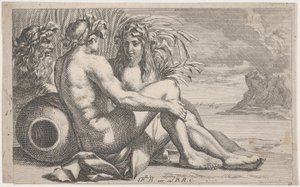 Elveguder liggende foran et sjølandskap, 1651-82. av François Bourlier