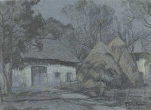 Høystakker på et gårdshus ved måneskinn av François Cachoud