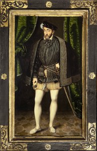 Portrett av Henry II (1519-1559), sønn av Francois 1. og Claude de France, konge av Frankrike fra 1547 til 1559, maleri av verkstedet til Francois Clouet, laget rundt 1520-1572, redusert versjon av portrettet i naturlig størrelse av Francois Clouet. Fotogr av François Clouet